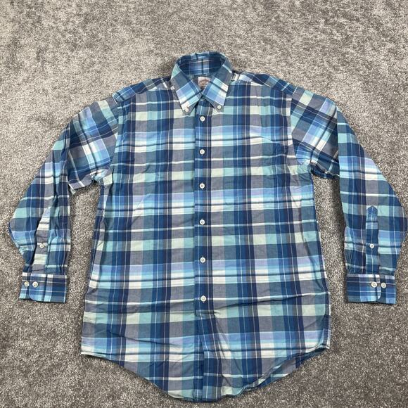 Brooks Brothers Dress Shirt Mens Small Plaid Button Down Spring Cotton Blue - Picture 2 of 11
